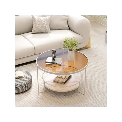 SRDCAIM Runder Couchtisch für Wohnzimmer Rustikaler moderner Beistelltisch Doppelschichtiger Stauraum Cocktailtisch für Balkon Schlafzimmer, Büro(White+Brown,27.6in) von SRDCAIM