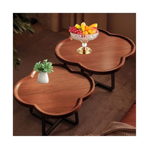 SRDCAIM Satztisch-Couchtisch, 2er-Set, vierblättriger Kleeblatt-Beistelltisch, Mid-Century-unregelmäßige Beistelltische für Wohnzimmer, Schlafzimmer, Balkon, Hof(Walnut Concave,50+70cm) von SRDCAIM
