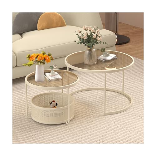 SRDCAIM Satztisch-Couchtisch, 2er-Set für Wohnzimmer, moderner runder Teetisch, Beistelltisch, Mid-Century-Stapel-Beistelltische für Balkon, Schlafzimmer(Cream White+Brown,23.6+17.7in) von SRDCAIM