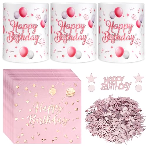 20 Stück Servietten Happy Birthday Rosa 12 Stück Windlicht Tischdeko Geburtstag 100 Stück Konfetti Geburtstag Deko Servietten Geburtstag Frau Geburtstag Party Deko von SREBIWO
