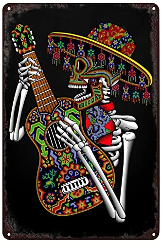 SREELEATHERS Vintage-Metallschilder – mexikanisches Skelett spielende Gitarre Poster Mexiko Day of the Dead Skull Blechschild Wandkunst Dekor Plakette für Zuhause Bar Pub Club Wohnzimmer 20.3x30.5 cm von SREELEATHERS