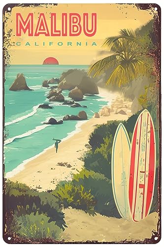 Vintage Metallschilder Malibu Kalifornien Reise Blechschild Strand Surfbrett Surfen Poster Wandkunst Dekor Schild für Zuhause, Bar, Pub, Club, Café, Hotel, Geschäft, Restaurant, 30,5 x 20,3 cm von SREELEATHERS