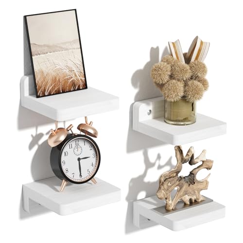 SRIWATANA Kleine Wandregal Weiß Holz 10 cm Schweberegal 4er-Set Mini Regal Wand Brett Modern Dekoration für Küche Schlafzimmer Badezimmer Wohnzimmer von SRIWATANA