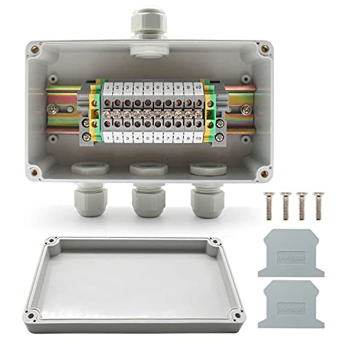 Abzweigdose Wasserdicht IP66, 155 x 90 x 60 mm, SRJQXH Durchgangsklemme 10-polig UK2.5B klemmen mit DIN-Schiene, Verteilerdose Aufputz 1 In 3 Out, fur Schaltschrank Außen Wasserdicht von SRJQXH