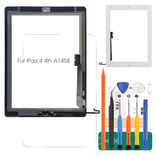 Ersatz-Touchscreen-Digitizer-Glas, für iPad 4 4. A1458 A1459 A1460 Touch-Display-Panel-Reparaturteil-Set, mit gehärtetem Glas + Werkzeug + Home-Taste (nicht im Lieferumfang enthalten) (weiß) von SRJTEK