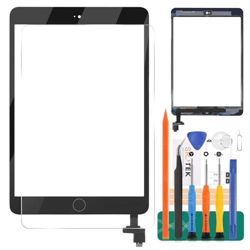 Ersatz-Touchscreen Digitizer für iPad Mini 1 2, für A1432, A1454, A1455, A1489, A1490 Touch-Display-Panel-Reparatur-Set, mit gehärtetem Glas + Werkzeug (kein LCD, mit Home-Taste) (schwarz) von SRJTEK