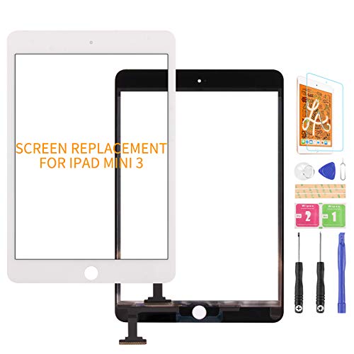 Touchscreen-Digitizerglas für iPad Mini 3 3. Generation, Ersatzteil, für A1599 A1600 A1601 Touch-Display-Panel-Reparatur-Set, mit gehärtetem Glas + Werkzeug (kein LCD, ohne IC) (weiß) von SRJTEK