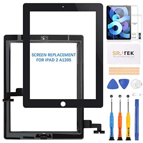 Ersatz-Touchscreen-Digitizer-Glas, für iPad 2, 2. Generation, A1395, A1396, A1397, Touch-Display-Panel-Reparaturteil-Set, mit gehärtetem Glas, Werkzeug und Home-Taste (No LCD-Display) (schwarz) von SRJTEK