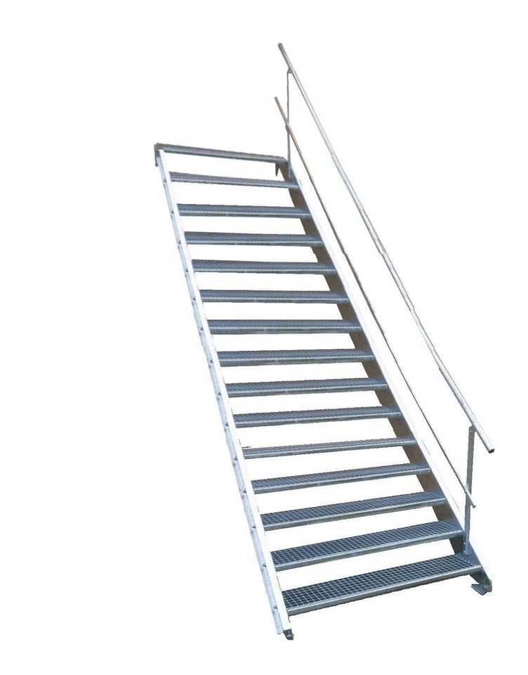 SRM Design Außentreppe 15 Stufen Stahltreppe einseitigem Geländer Breite 110 cm Höhe 250-320c von SRM Design