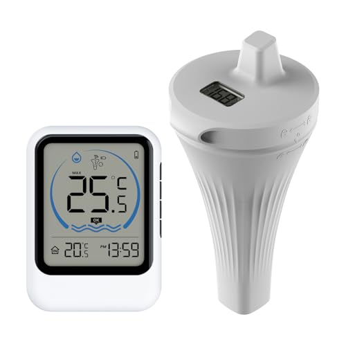 Pool Thermometer Funk, IP67 Wasserdicht Schwimmbad Thermometer mit Indoor Temperatur Monitor,Wireless Digital Pool Thermometer für 50m Reichweite für Schwimmbäder Aquarium Badewannen Teich von SROCHN