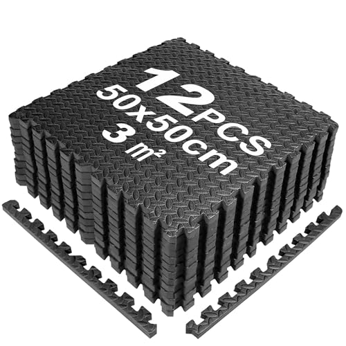 SROCHN 12PCS Bodenschutzmatten Puzzlematte 50X50X1cm mit Randstücken, 3㎡ rutschfest Eva Fitnessmatte Turnmatte Sportmatte Trainingsmatte (Schwarz) von SROCHN