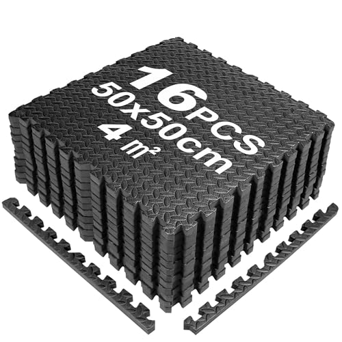 SROCHN 16PCS Bodenschutzmatten Puzzlematte 50X50X1cm mit Randstücken, 4㎡ rutschfest Eva Fitnessmatte Turnmatte Sportmatte Trainingsmatte (Schwarz) von SROCHN