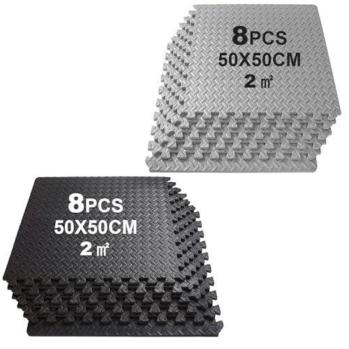 SROCHN 16PCS Bodenschutzmatten Puzzlematte 50X50X1cm mit Randstücken, 4㎡ rutschfest Eva Fitnessmatte Turnmatte Sportmatte Trainingsmatte (Schwarz+Grau) von SROCHN