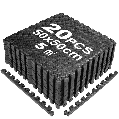 SROCHN 20PCS Bodenschutzmatten Puzzlematte 50X50X1cm mit Randstücken, 5㎡ rutschfest Eva Fitnessmatte Turnmatte Sportmatte Trainingsmatte (Schwarz) von SROCHN