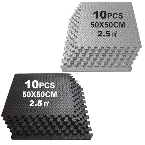 SROCHN 20PCS Bodenschutzmatten Puzzlematte 50X50X1cm mit Randstücken, 5㎡ rutschfest Eva Fitnessmatte Turnmatte Sportmatte Trainingsmatte (Schwarz+Grau) von SROCHN