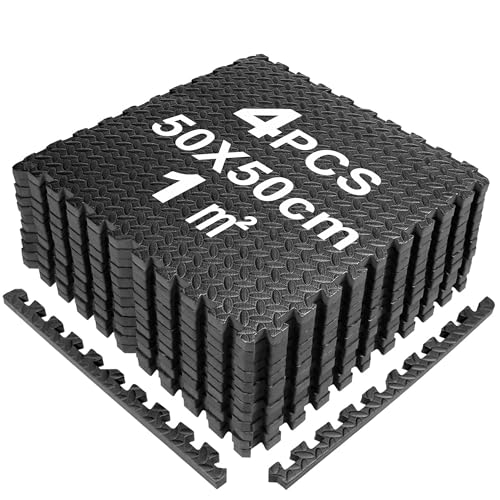 SROCHN 4PCS Bodenschutzmatten Puzzlematte 50X50X1cm mit Randstücken, 1㎡ rutschfest Eva Fitnessmatte Turnmatte Sportmatte Trainingsmatte (Schwarz) von SROCHN