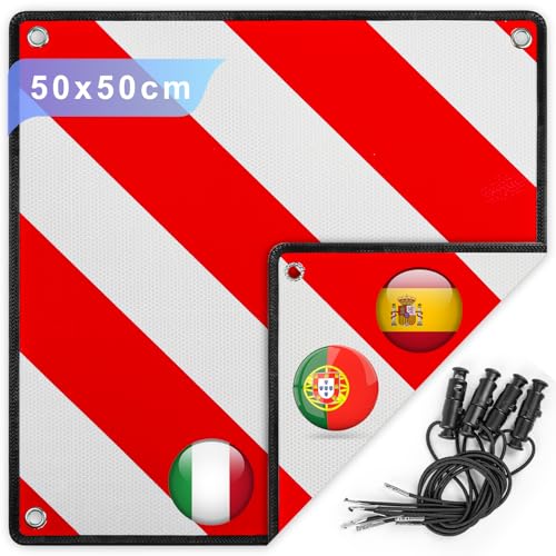 SROCHN 50x50 cm Warntafel 3 In 1 Alu Rot Weiß Reflektierendes Warnschild für Italien Spanien und Portugal mit 4X Spanngurte, für Heckträger Fahrradträger Wohnmobil von SROCHN