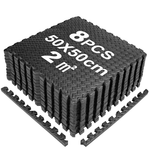SROCHN 8PCS Bodenschutzmatten Puzzlematte 50X50X1cm mit Randstücken, 2㎡ rutschfest Eva Fitnessmatte Turnmatte Sportmatte Trainingsmatte (Schwarz) von SROCHN