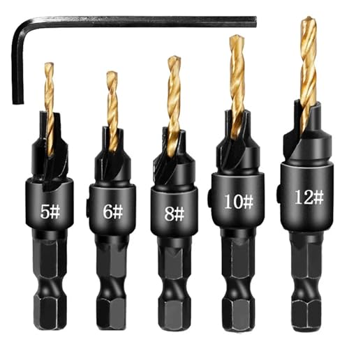 SROUPSUTKK 1/4 Sechskantschaft Senker Bohrer Holzbearbeitung Set Bohren Pilot Löcher for Schraube Größen #5#6#8#10#12 Bohrer(5-12 Gold 5pcs) von SROUPSUTKK
