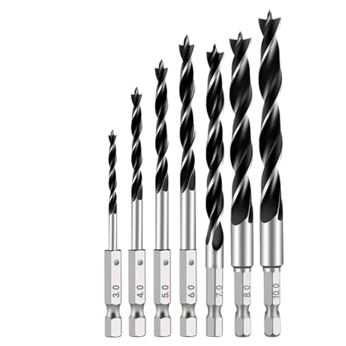 SROUPSUTKK 3/4/5/7 STÜCKE 1/4 "Sechskantschaft Dreipunkt-Holzbearbeitungs-Spezialbohrer 3,0 mm - 10 HSS-Perforationsbohrer-Drehkopf Bohrer(7PCS 3-10mm) von SROUPSUTKK