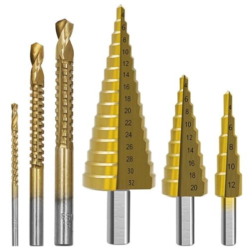 SROUPSUTKK Stufenbohrer-Set, HSS-Stahl, Titan, 4–12/20/32 mm, Metall-Lochschneider, Spiral-Zackenbohrer, Kegelkernbohrer, Lochsägen-Werkzeug Bohrer SROUPSUTKK Stufenbohrer-Set, HSS-Stahl, Titan, 4–12/20/32 mm, Metall-Lochschneider, Spiral-Zackenbohrer, Kegelkernbohrer, Lochsägen-Werkzeug Bohrer von SROUPSUTKK