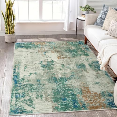 SRTJURFG Kurzflor Teppich 200x290 cm Groß Modern rutschfest Waschbar für Schlafzimmer Wohnzimmer Heimbüro Modernes abstraktes Grün-Orange-Grau von SRTJURFG