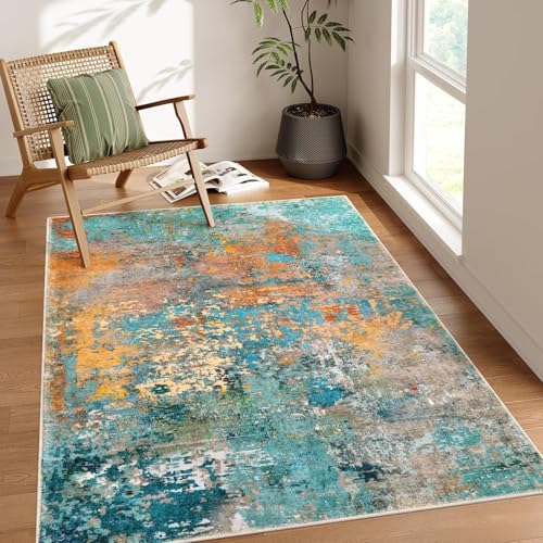 SRTJURFG Moderner Teppich 110x150 cm Anti-Rutsch Waschbar Weich Kurzflor fürs Wohnzimmer Schlafzimmer Küche Modernes abstraktes Blau-Orange von SRTJURFG