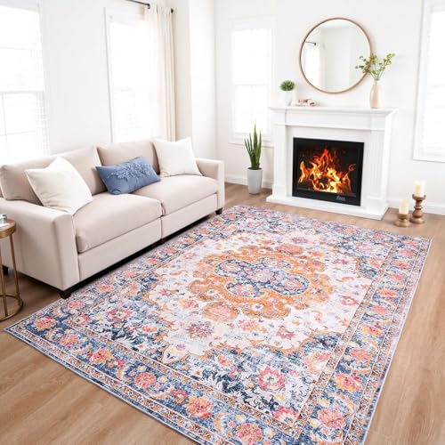 SRTJURFG Moderner Teppich 110x150 cm Anti-Rutsch Waschbar Weich Kurzflor fürs Wohnzimmer Schlafzimmer Küche Retro Blumen Orange Blau SRTJURFG Moderner Teppich 110x150 cm Anti-Rutsch Waschbar Weich Kurzflor fürs Wohnzimmer Schlafzimmer Küche Retro Blumen Orange Blau von SRTJURFG