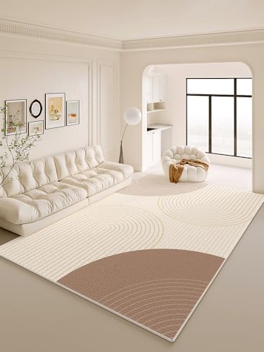 SRTJURFG Moderner Wohnzimmer Teppich 70x140 cm Kurzflor Weich Waschbar Teppich für Schlafzimmer Küche Leicht zu Reinigen Moderne Linien geometrisch weiß braun von SRTJURFG