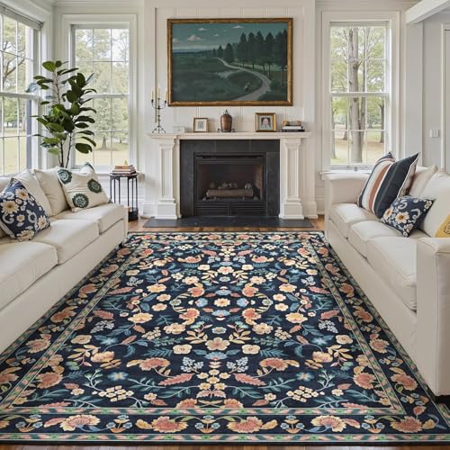 SRTJURFG Moderner Wohnzimmer Teppich 70x140 cm Kurzflor Weich Waschbar Teppich für Schlafzimmer Küche Leicht zu Reinigen Moderne Retro Blumen blau gelb rosa von SRTJURFG
