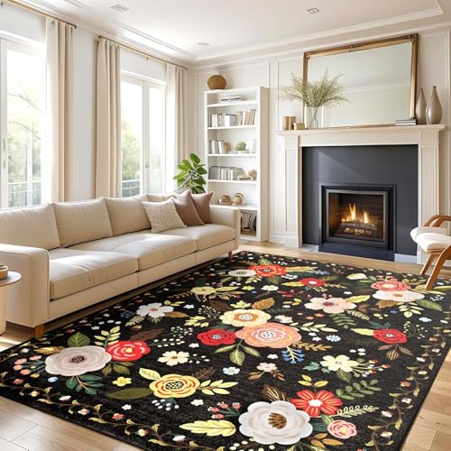 SRTJURFG Rechteck Teppich 60x90 cm Modern Waschbar Weich Kurzflor Teppich Leicht zu Reinigen für Schlafzimmer Wohnzimmer Moderne Blumen Blätter schwarz grün rosa von SRTJURFG