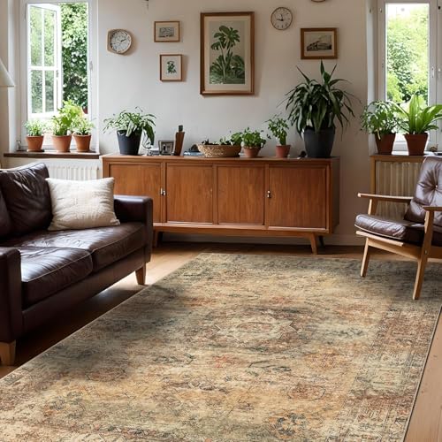 SRTJURFG Rechteck Teppich 60x90 cm Modern Waschbar Weich Kurzflor Teppich Leicht zu Reinigen für Schlafzimmer Wohnzimmer Retro Blumen Orange Braun von SRTJURFG