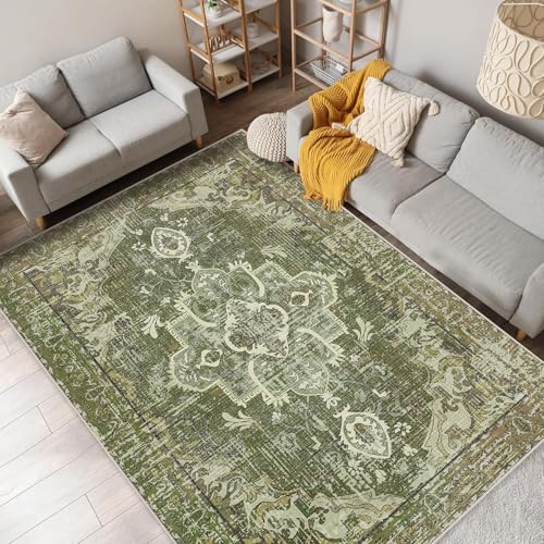 SRTJURFG Rechteck Teppich 60x90 cm Modern Waschbar Weich Kurzflor Teppich Leicht zu Reinigen für Schlafzimmer Wohnzimmer Retro geometrische Blumen grün von SRTJURFG