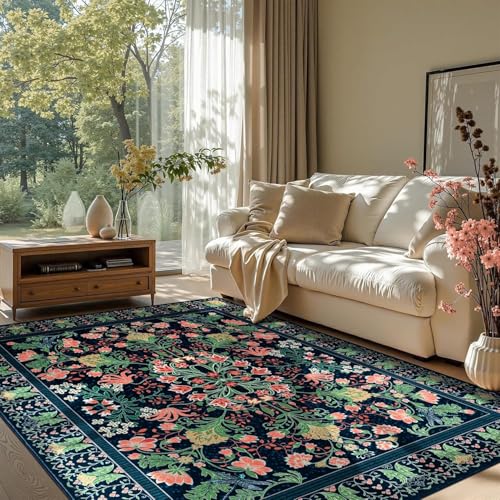SRTJURFG Rechteck Teppich 60x90 cm Modern Waschbar Weich Kurzflor Teppich Leicht zu Reinigen für Schlafzimmer Wohnzimmer modern Retro Blumen grün rosa gelb von SRTJURFG
