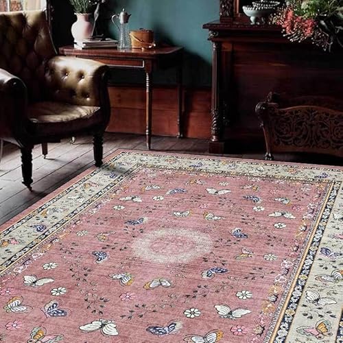 SRTJURFG Rechteck Teppich 90x200 cm Weich Waschbar Kurzflor rutschfest für Wohnzimmer Schlafzimmer Flur modern Retro Blumen rosa blau von SRTJURFG
