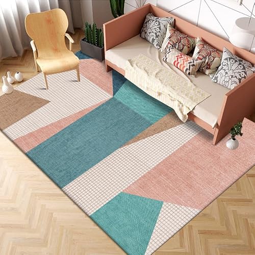 SRTJURFG Teppich Anti-Rutsch 120x160 cm Waschbar Kurzflor Weich Bettvorleger fürs Wohnzimmer Schlafzimmer modern geometrisch rosa blau braun von SRTJURFG