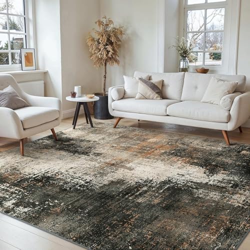 SRTJURFG Teppich Groß 160x200 cm Wohnzimmer Waschbar Kurzflor rutschfest für Küche Schlafzimmer Teppiche Moderne abstrakte Tinte schwarz braun gelb von SRTJURFG