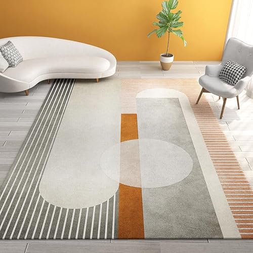 SRTJURFG Waschbarer Kurzflor Teppich 70x100 cm Klein Modern rutschfest für Wohnzimmer und Schlafzimmer Rechteck Teppich Moderne Linien geometrisch orange grau von SRTJURFG