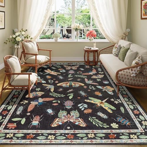 SRTJURFG Weich Rechteck Teppich 80x160 cm Klein Waschbar rutschfest Kurzflor Teppich für Wohnzimmer Schlafzimmer Retro abstrakte Blumen schwarz grün von SRTJURFG