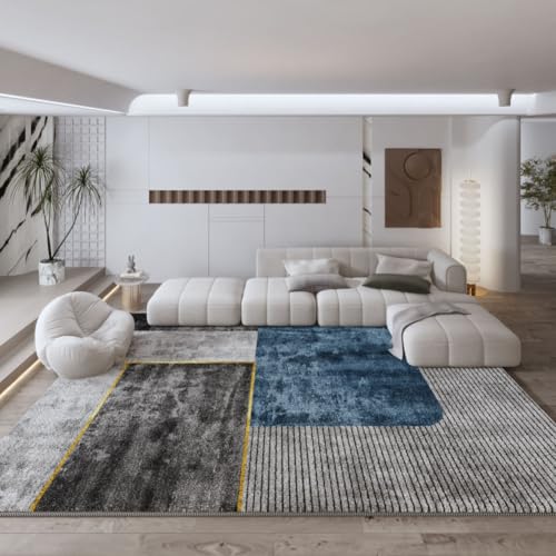 SRTJURFG Weich Teppich 120x170 cm Modern Kurzflor Waschbar Anti-Rutsch Schlafzimmer Wohnzimmer Bettvorleger Modernes geometrisches Graublaugelb von SRTJURFG