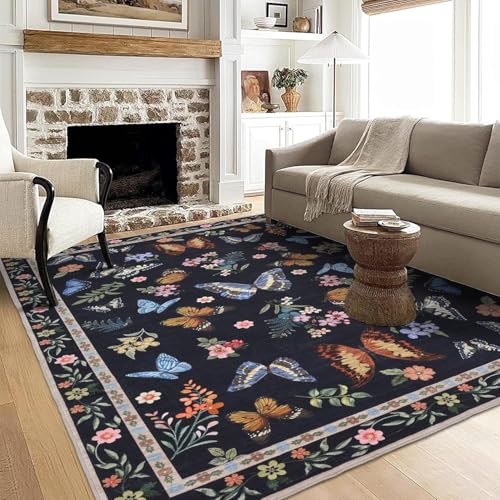 SRTJURFG Wohnzimmer Teppich 120x200 cm Waschbar Weich Kurzflor Anti-Rutsch Teppich für Wohnkultur Schlafzimmer Moderne Blumen schwarz blau orange von SRTJURFG