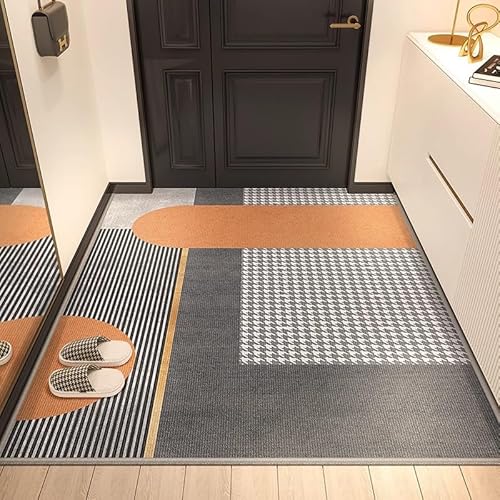SRTJURFG rutschfest Rechteck Teppich 70x200 cm Waschbar Pflegeleicht Kurzflor für Küche Wohnzimmer Schlafzimmer Moderne Linien geometrisch grau orange von SRTJURFG