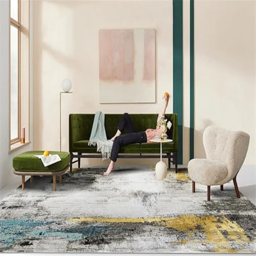 SRTJURFG rutschfest Teppich 130x180 cm Kurzflor Waschbar Modern Weich für Wohnzimmer Küche Flur Moderne abstrakte Tinte grau gelb blau von SRTJURFG