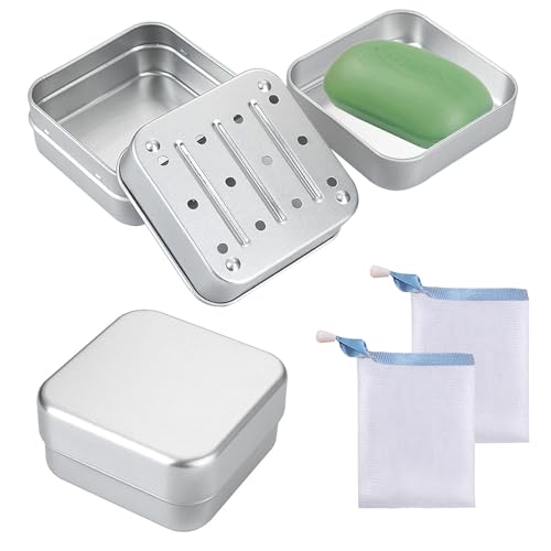 SRTSTR 2 Stück Seifenbox Seifendose Reise Wasserdicht mit Deckel Aluminium Seifenbehälter für Feste Seife und 2 Seifensäckchen für zu Hause oder auf Reisen von SRTSTR