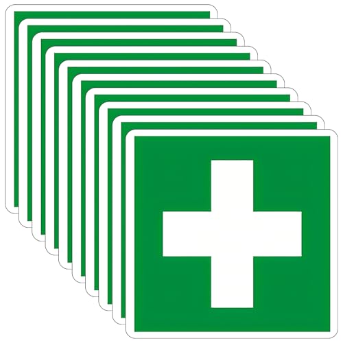 SRTSTR 10pcs Erste Hilfe Schild Selbstklebend PVC Grünes 10x10cm Aufkleber Erste Hilfe für Verbandkasten ISO 7010 Piktogramm Kreuz Rettungszeichen Hinweisschild,Wasserdicht und Verschleißfest,Cassetta von SRTSTR