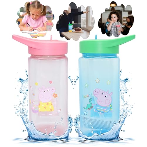 2 x Wasserflaschen mit Strohhalm, 420 ml, Kunststoff-Wasserflasche, rund, BPA-frei, Strohhalm-Trinkflasche für Kinder ab 6 Monaten (Peppa und George Pig) von SRV Hub