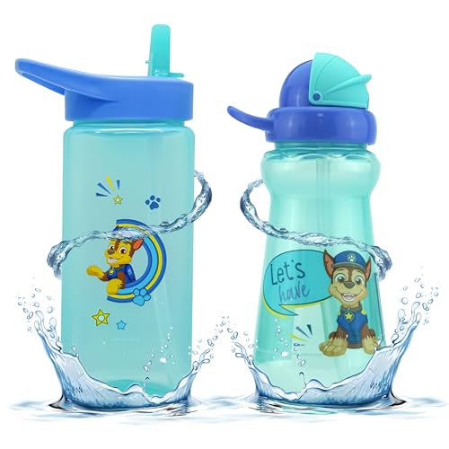 2 x blaue Paw Patrol Chase Kinder-Wasserflaschen | 340 ml | runde Silikon-Trinkflasche und | 420 ml | quadratische Trinkflaschen mit Klappverschluss | auslaufsicher BPA-frei ungiftig | Bestes Geschenk von SRV Hub