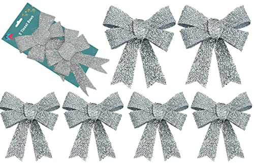 6 x Weihnachtsschleifen, glitzernde Schleifen für Weihnachtsdekoration, kleine Schleifen für Weihnachts- und Neujahrsparty-Dekoration (Silber) von SRV Hub