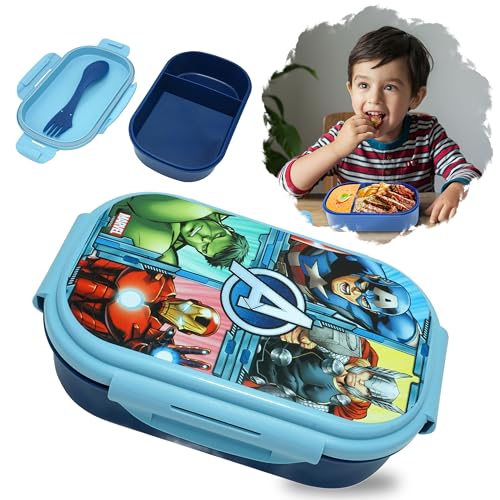 Avengers Lunchbox, 20 cm, Kunststoff, Sandwichbox für Kinder, Spiderman-Wasserflasche, BPA-frei, Schule, Reisen, Captain America, Iron Man Thor (3-in-1-Löffel, Gabel, Messer) von SRV Hub