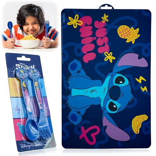 Disney Stitch Besteck- und Tischset-Paket – Süßes Löffel- und Gabel-Set mit farbenfroher Essunterlage – Wiederverwendbar, leicht zu reinigen, perfekt für Kinder und Kleinkinder von SRV Hub